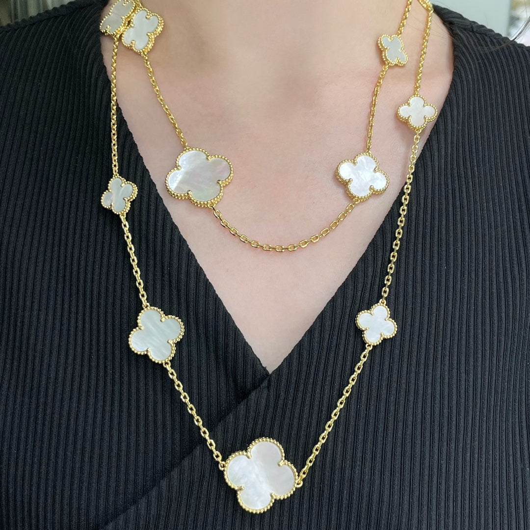 [Luxe Jewelry]CLOVER 16 MOTIF WHITE MOP GOLD NECKLACE