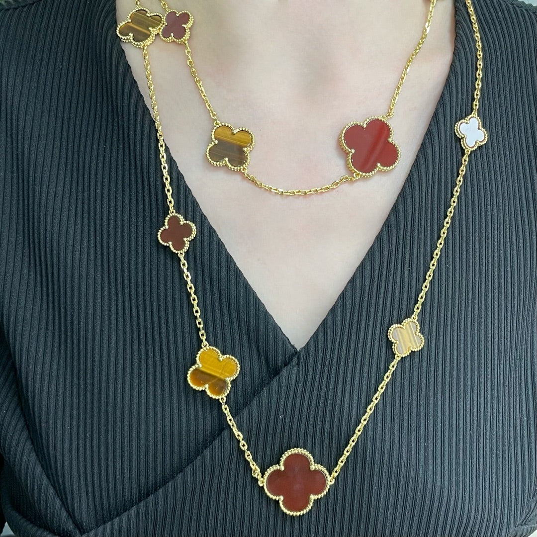 [Luxe Jewelry]CLOVER 16 MOTIF CARNELIAN TIGER EYE ROSE GOLD NECKLACE
