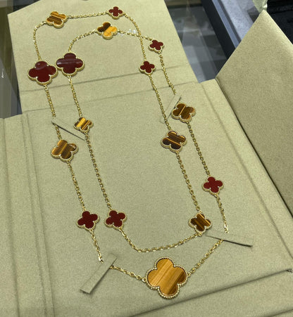 [Luxe Jewelry]CLOVER 16 MOTIF CARNELIAN TIGER EYE ROSE GOLD NECKLACE