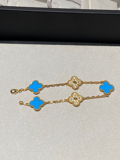 [Luxe Jewelry]CLOVER 5 MOTIF BLUE CHALCEDONY DIAMOND GOLD BRACELET