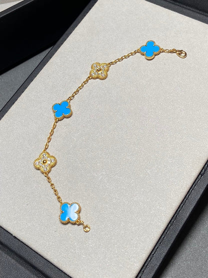 [Luxe Jewelry]CLOVER 5 MOTIF BLUE CHALCEDONY DIAMOND GOLD BRACELET