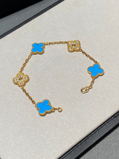 [Luxe Jewelry]CLOVER 5 MOTIF BLUE CHALCEDONY DIAMOND GOLD BRACELET