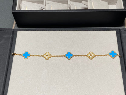 [Luxe Jewelry]CLOVER 5 MOTIF BLUE CHALCEDONY DIAMOND GOLD BRACELET