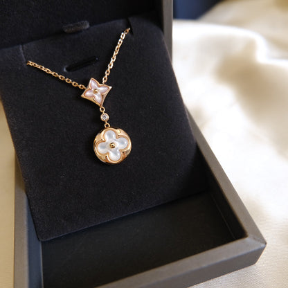 [Luxe Jewelry]STAR AND SUN WHITE MOP 2 MOTIF PINK GOLD NECKLACE