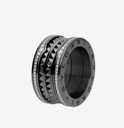 [Luxe Jewelry]ZERO 1 ROCK FOUR-BAND BLACK CERAMIC WITH STUDDED SPIRAL AND PAVED DIAMONDS RING