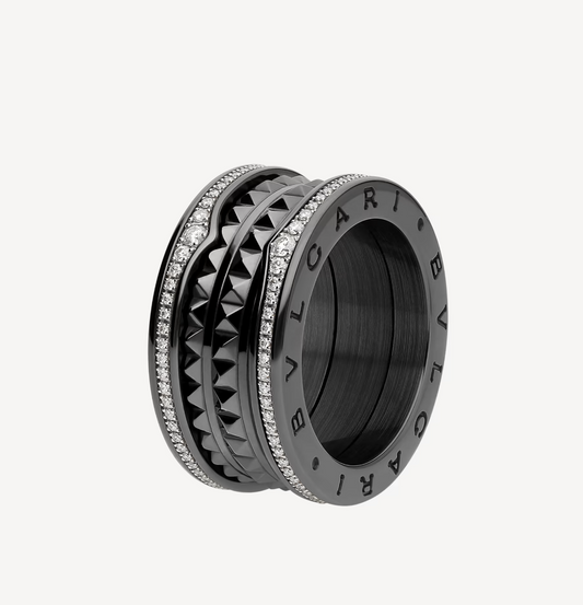 [Luxe Jewelry]ZERO 1 ROCK FOUR-BAND BLACK CERAMIC WITH STUDDED SPIRAL AND PAVED DIAMONDS RING