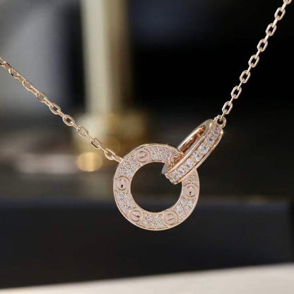 [Luxe Jewelry]LOVE 7.6MM NECKLACE ROSE GOLD AND SILVER  FULL DIAMOND