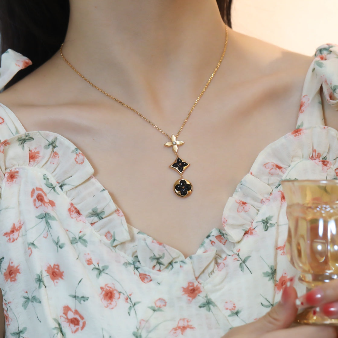 [Luxe Jewelry]STAR AND SUN ONYX PINK GOLD NECKLACE