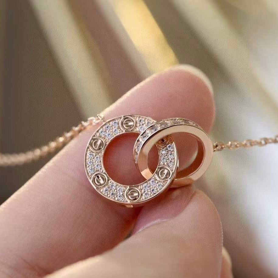 [Luxe Jewelry]LOVE 7.6MM NECKLACE ROSE GOLD AND SILVER  FULL DIAMOND
