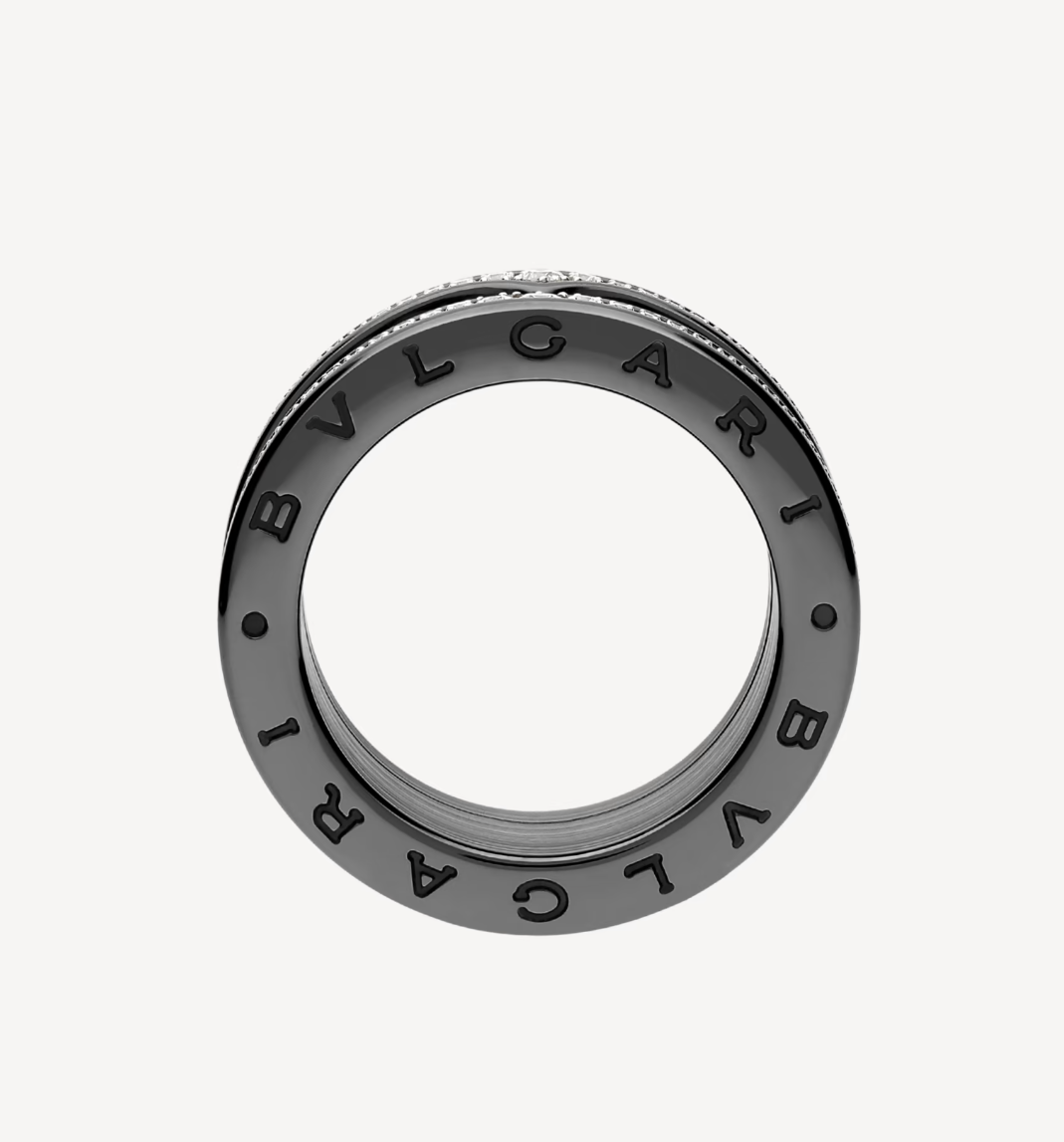 [Luxe Jewelry]ZERO 1 ROCK FOUR-BAND BLACK CERAMIC WITH STUDDED SPIRAL AND PAVED DIAMONDS RING