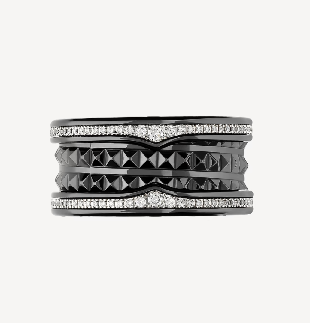 [Luxe Jewelry]ZERO 1 ROCK FOUR-BAND BLACK CERAMIC WITH STUDDED SPIRAL AND PAVED DIAMONDS RING
