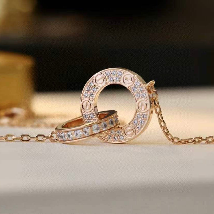 [Luxe Jewelry]LOVE 7.6MM NECKLACE ROSE GOLD AND SILVER  FULL DIAMOND