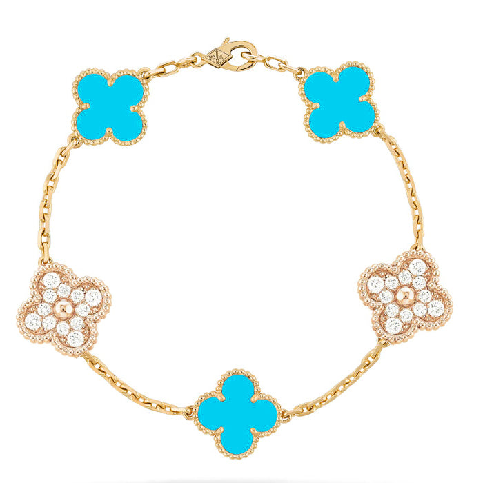 [Luxe Jewelry]CLOVER 5 MOTIF TURQUOISE DIAMOND GOLD BRACELET
