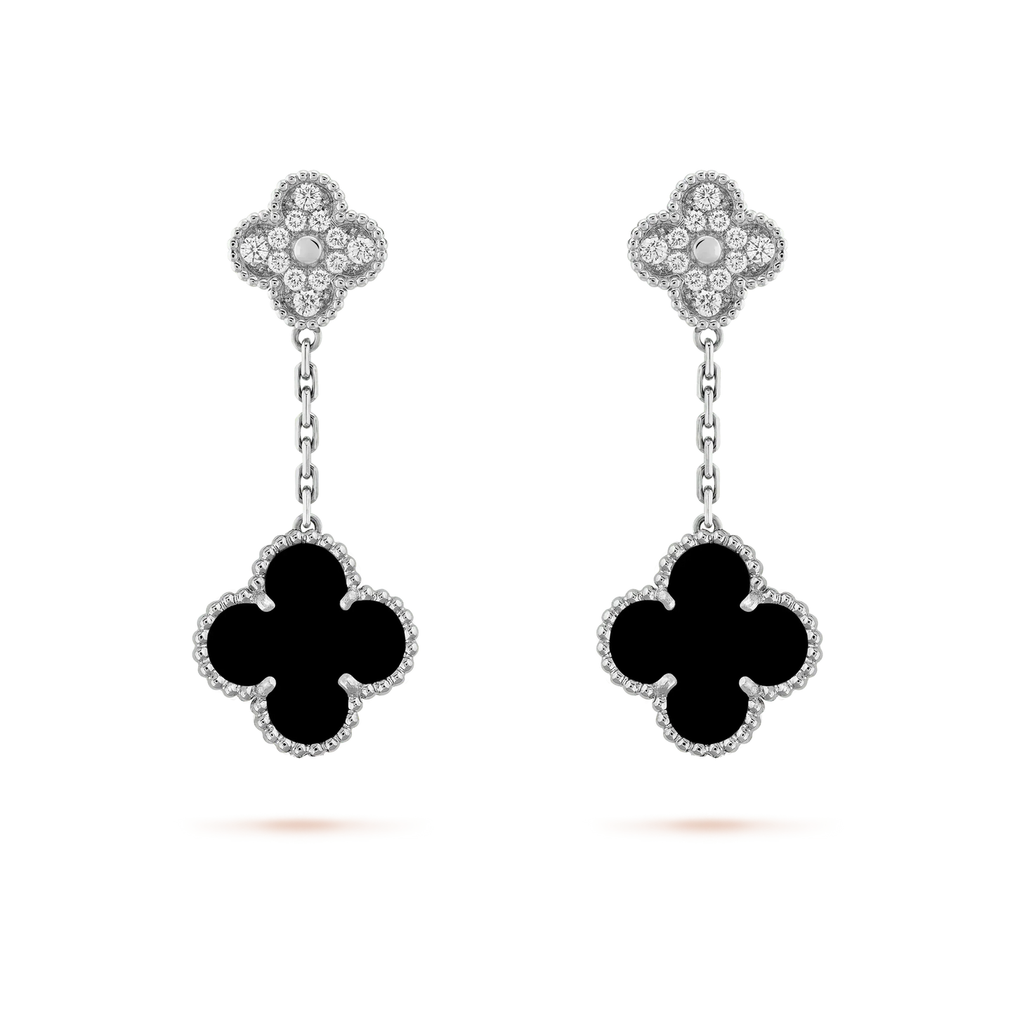 [Luxe Jewelry]CLOVER 2 MOTIFS  DIAMOND ONYX EARRINGS SILVER