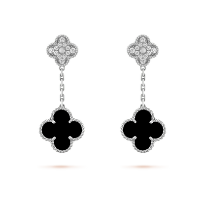 [Luxe Jewelry]CLOVER 2 MOTIFS  DIAMOND ONYX EARRINGS SILVER
