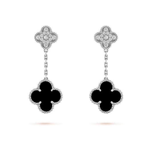 [Luxe Jewelry]CLOVER 2 MOTIFS  DIAMOND ONYX EARRINGS SILVER