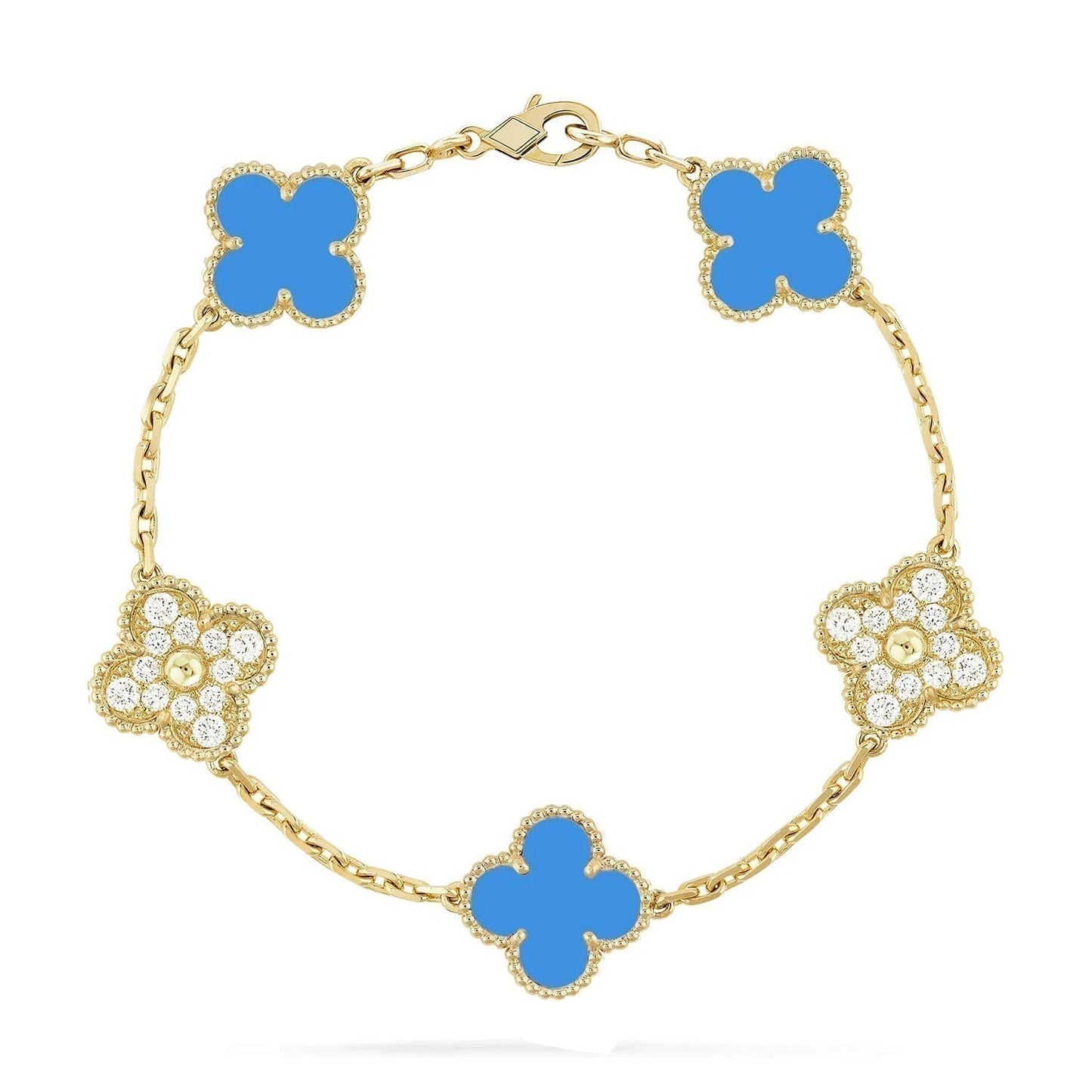 [Luxe Jewelry]CLOVER 5 MOTIF BLUE CHALCEDONY DIAMOND GOLD BRACELET