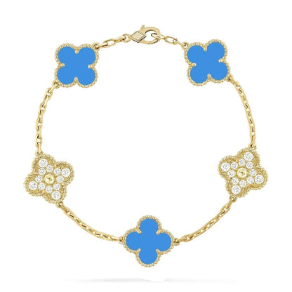 [Luxe Jewelry]CLOVER 5 MOTIF BLUE CHALCEDONY DIAMOND GOLD BRACELET