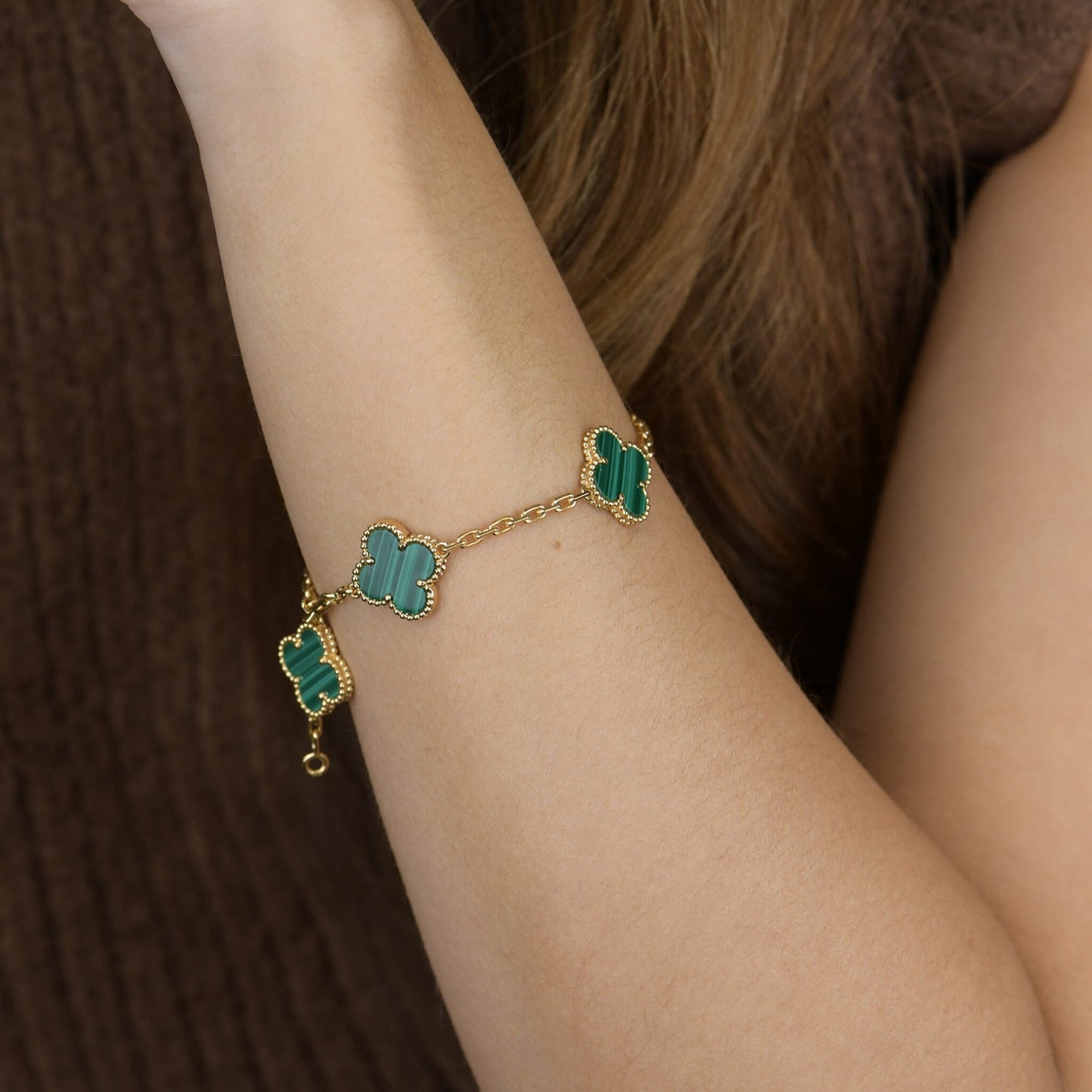 [Luxe Jewelry]CLOVER 5 MOTIFS MALACHITE BRACELET