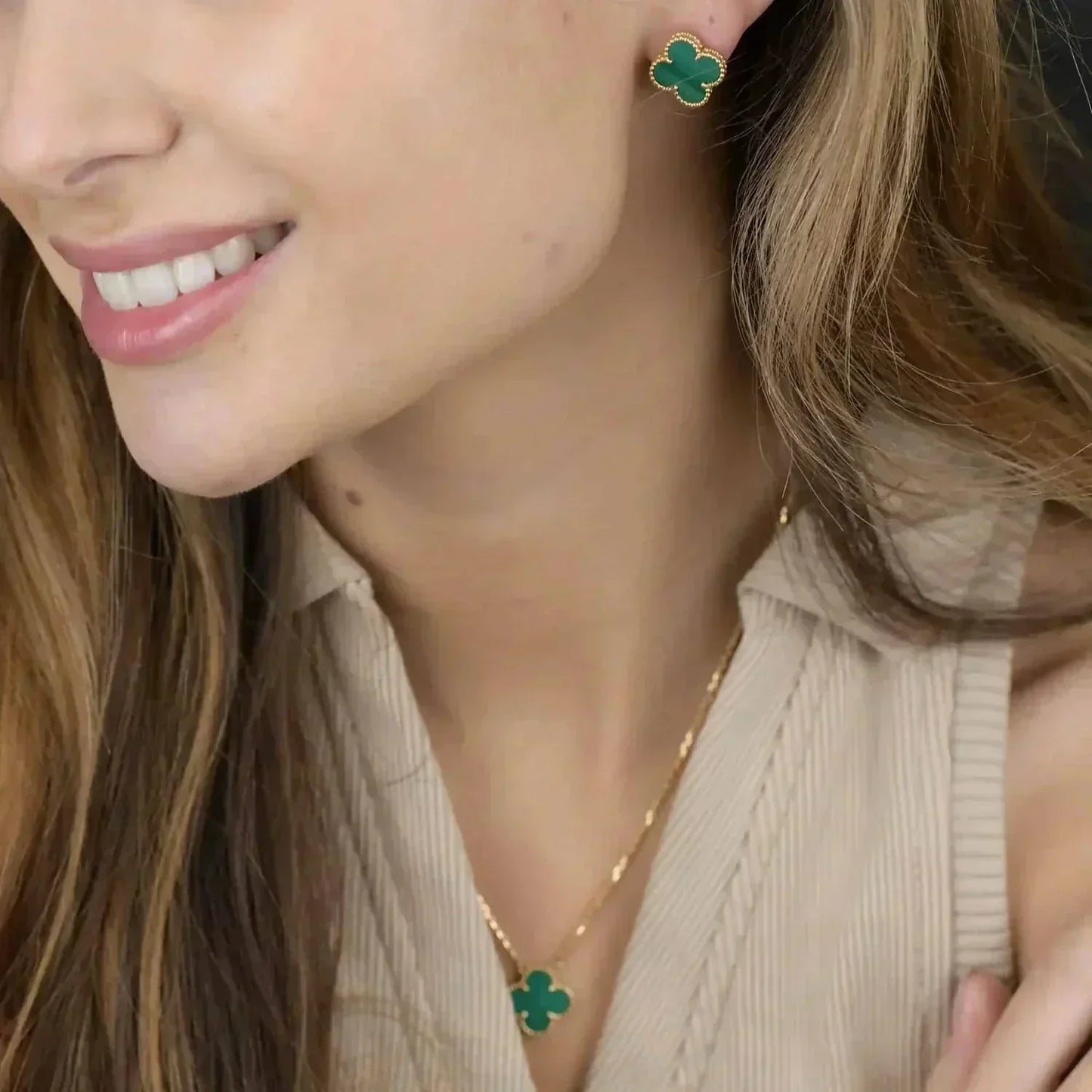 [Luxe Jewelry]CLOVER MINI 9.5MM MALACHITE  EARRINGS