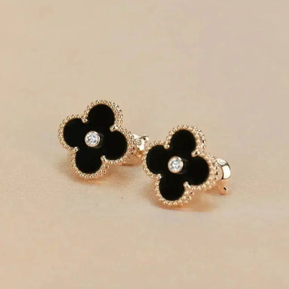 [Luxe Jewelry]CLOVER MEDIUM 1 MOTIFS ONYX DIAMOND EARRINGS