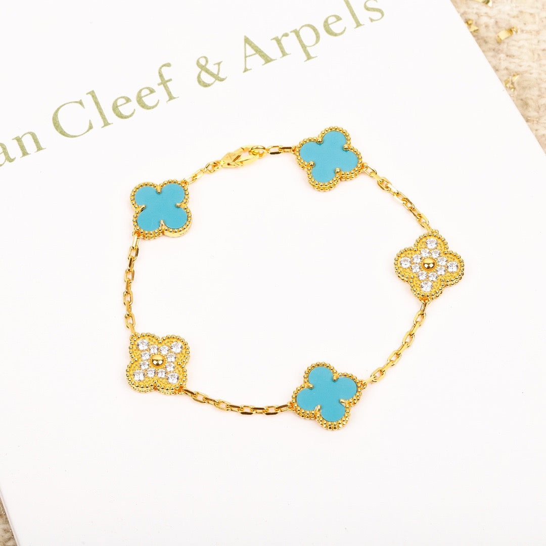 [Luxe Jewelry]CLOVER 5 MOTIF TURQUOISE DIAMOND GOLD BRACELET