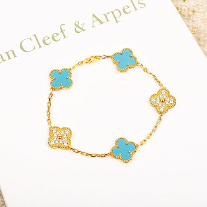 [Luxe Jewelry]CLOVER 5 MOTIF TURQUOISE DIAMOND GOLD BRACELET