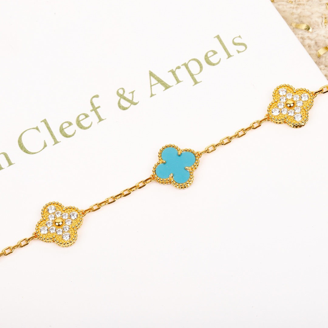 [Luxe Jewelry]CLOVER 5 MOTIF TURQUOISE DIAMOND GOLD BRACELET
