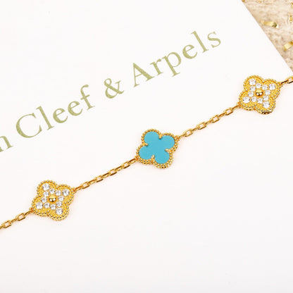 [Luxe Jewelry]CLOVER 5 MOTIF TURQUOISE DIAMOND GOLD BRACELET