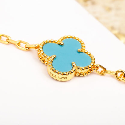 [Luxe Jewelry]CLOVER 5 MOTIF TURQUOISE DIAMOND GOLD BRACELET