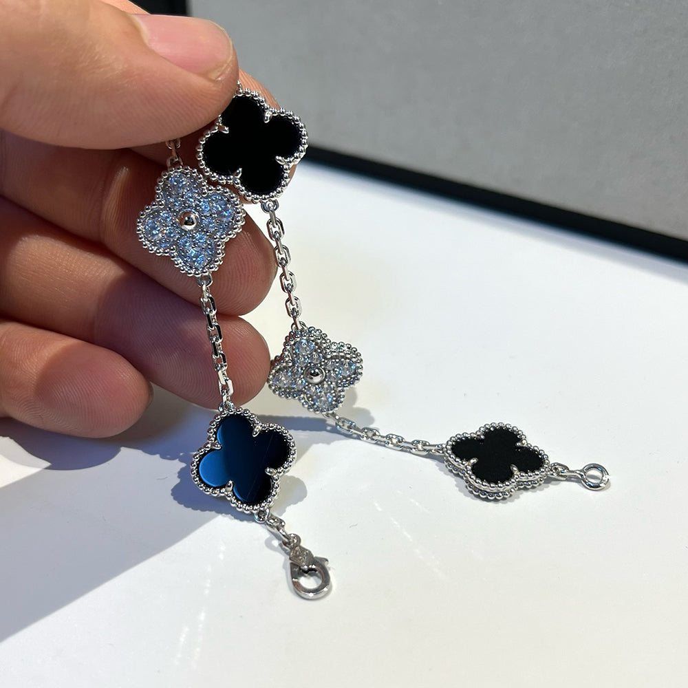 [Luxe Jewelry]CLOVER 5 MOTIF ONYXS DIAMOND BRACELET SILVER