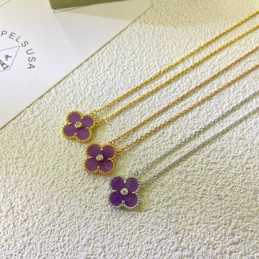 [Luxe Jewelry]CLOVER 15MM DIAMOND  PURPLE VIOLET NECKLACE