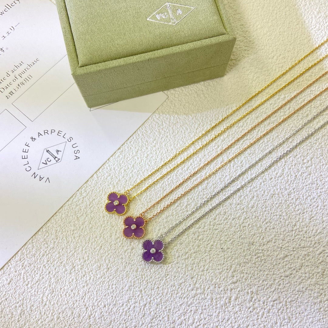 [Luxe Jewelry]CLOVER 15MM DIAMOND  PURPLE VIOLET NECKLACE