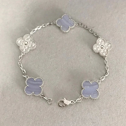 [Luxe Jewelry]CLOVER  5 MOTIF DIAMOND PURPLE CHALCEDONY BRACELET SILVER
