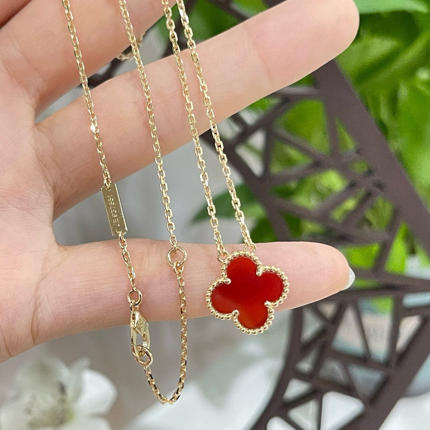 [Luxe Jewelry]CLOVER 15MM CARNELIAN SINGLE FLOWER NECKLACE
