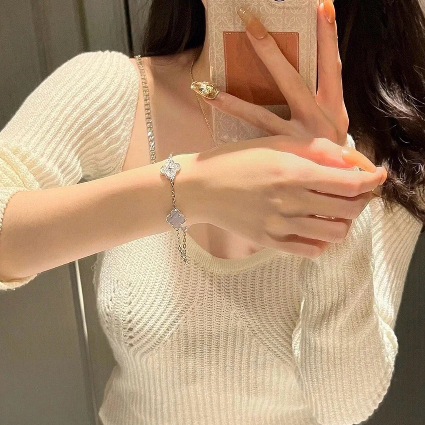 [Luxe Jewelry]CLOVER  5 MOTIF DIAMOND PURPLE CHALCEDONY BRACELET SILVER