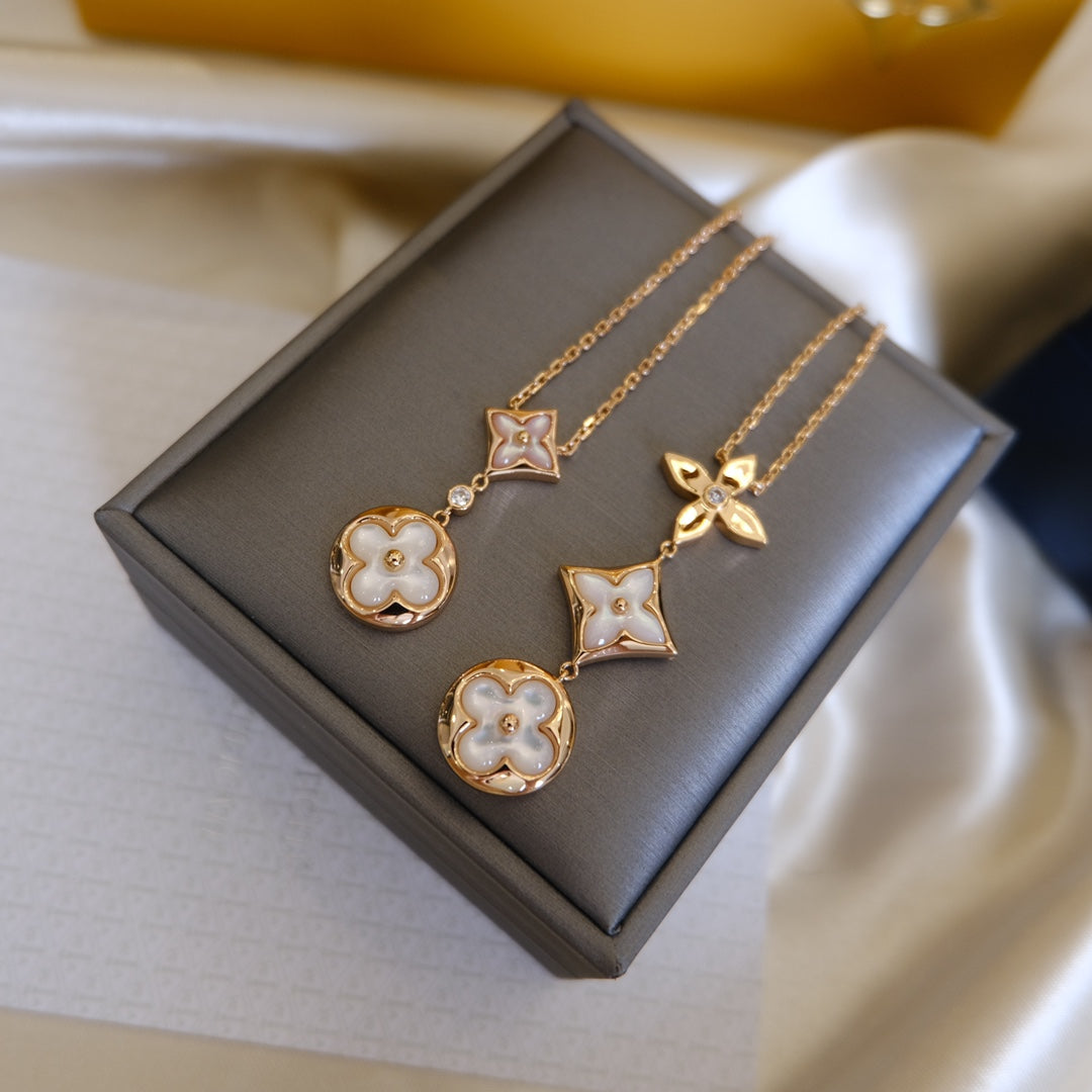[Luxe Jewelry]COLOR BLOSSOM LARIAT NECKLACE PINK GOLD WHITE MOTHER PEARL AND DIAMOND
