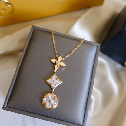 [Luxe Jewelry]COLOR BLOSSOM LARIAT NECKLACE PINK GOLD WHITE MOTHER PEARL AND DIAMOND