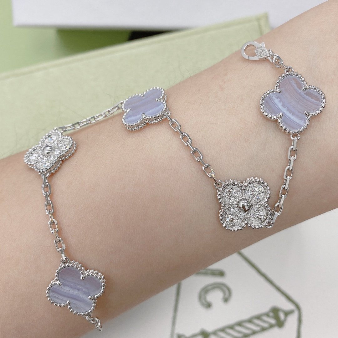 [Luxe Jewelry]CLOVER  5 MOTIF DIAMOND PURPLE CHALCEDONY BRACELET SILVER