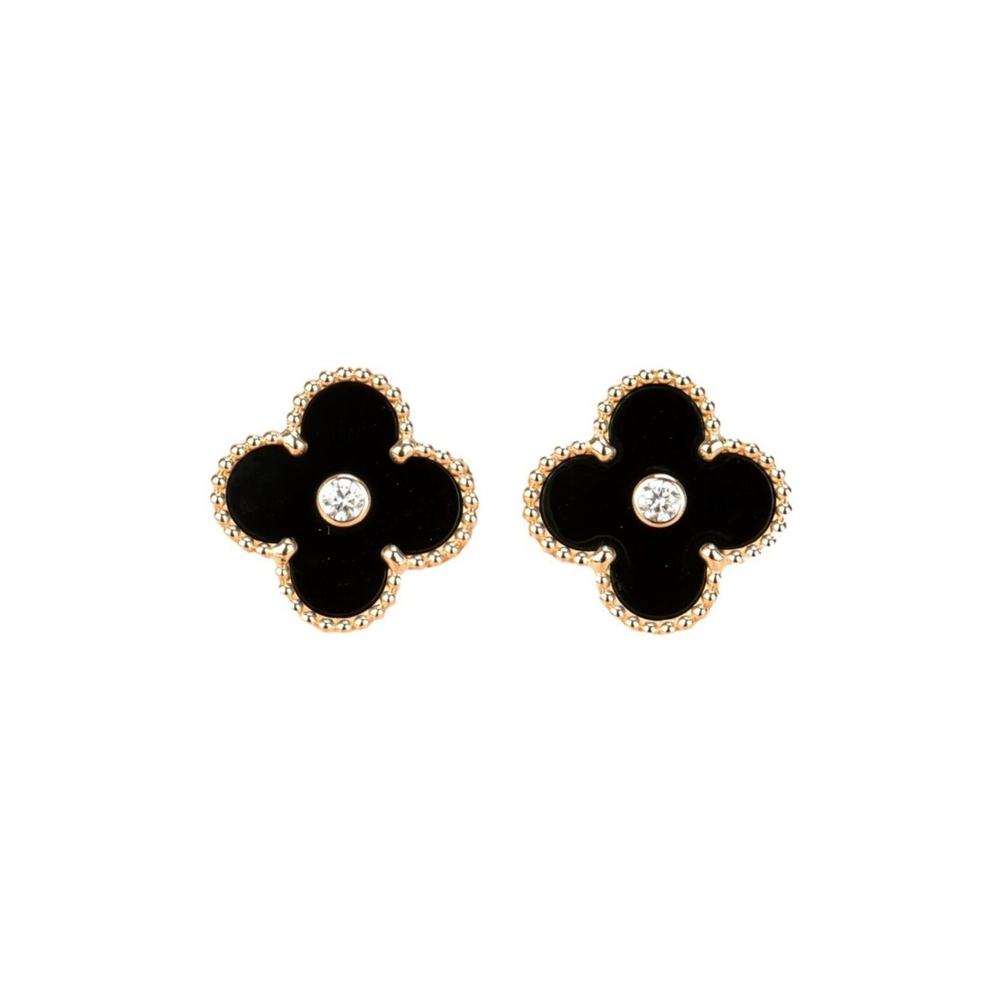 [Luxe Jewelry]CLOVER MEDIUM 1 MOTIFS ONYX DIAMOND EARRINGS