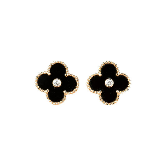 [Luxe Jewelry]CLOVER MEDIUM 1 MOTIFS ONYX DIAMOND EARRINGS