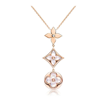[Luxe Jewelry]COLOR BLOSSOM LARIAT NECKLACE PINK GOLD WHITE MOTHER PEARL AND DIAMOND