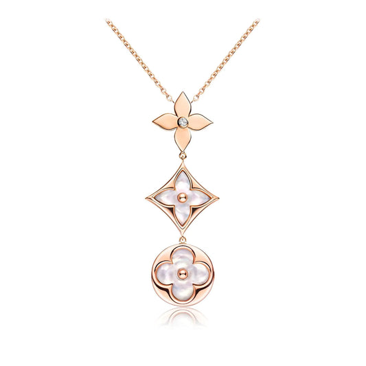 [Luxe Jewelry]COLOR BLOSSOM LARIAT NECKLACE PINK GOLD WHITE MOTHER PEARL AND DIAMOND