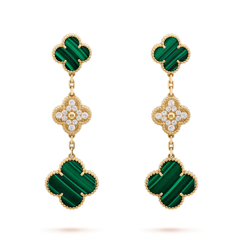 [Luxe Jewelry]CLOVER EARRINGS GOLD MALACHITE DIAMOND 3 MOTIF