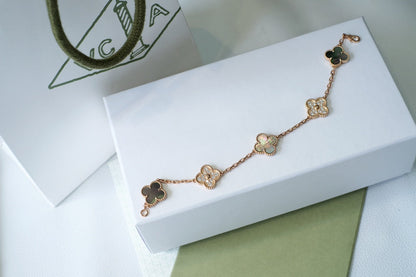 [Luxe Jewelry]CLOVER 5 MOTIFS DARK MOP AND DIAMONDS PINK GOLD BRACELET