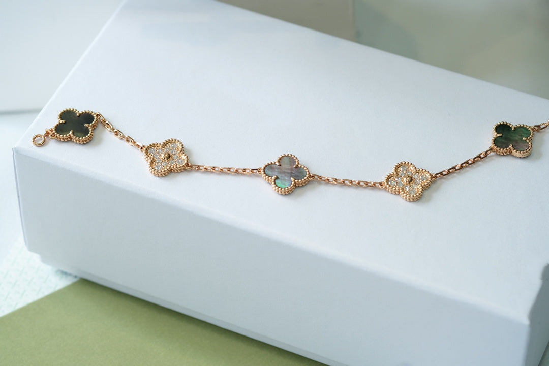 [Luxe Jewelry]CLOVER 5 MOTIFS DARK MOP AND DIAMONDS PINK GOLD BRACELET