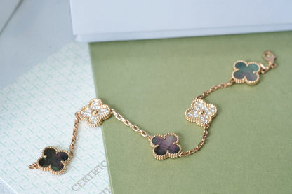 [Luxe Jewelry]CLOVER 5 MOTIFS DARK MOP AND DIAMONDS PINK GOLD BRACELET