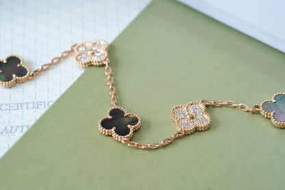 [Luxe Jewelry]CLOVER 5 MOTIFS DARK MOP AND DIAMONDS PINK GOLD BRACELET